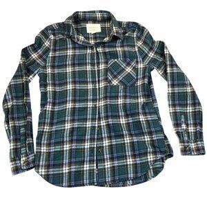 Aeropostale Womens Shirt Small Boyfriend Fit Green Blue Plaid Flannel Button Up